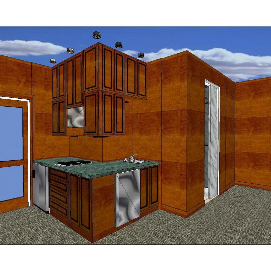 A computer rendering of the interior of a kitchen.