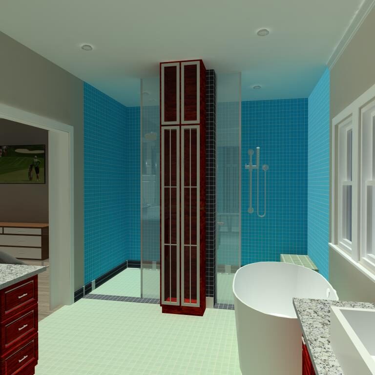 A bathroom with blue walls and white fixtures.