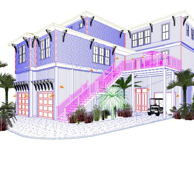 A pink and white house with palm trees in the background.